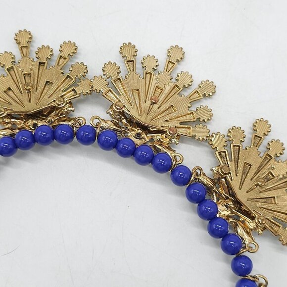 Macys Gold Blue Beaded Statement Necklace With Crystal Mint Green Accents Heavy - Picture 6 of 7